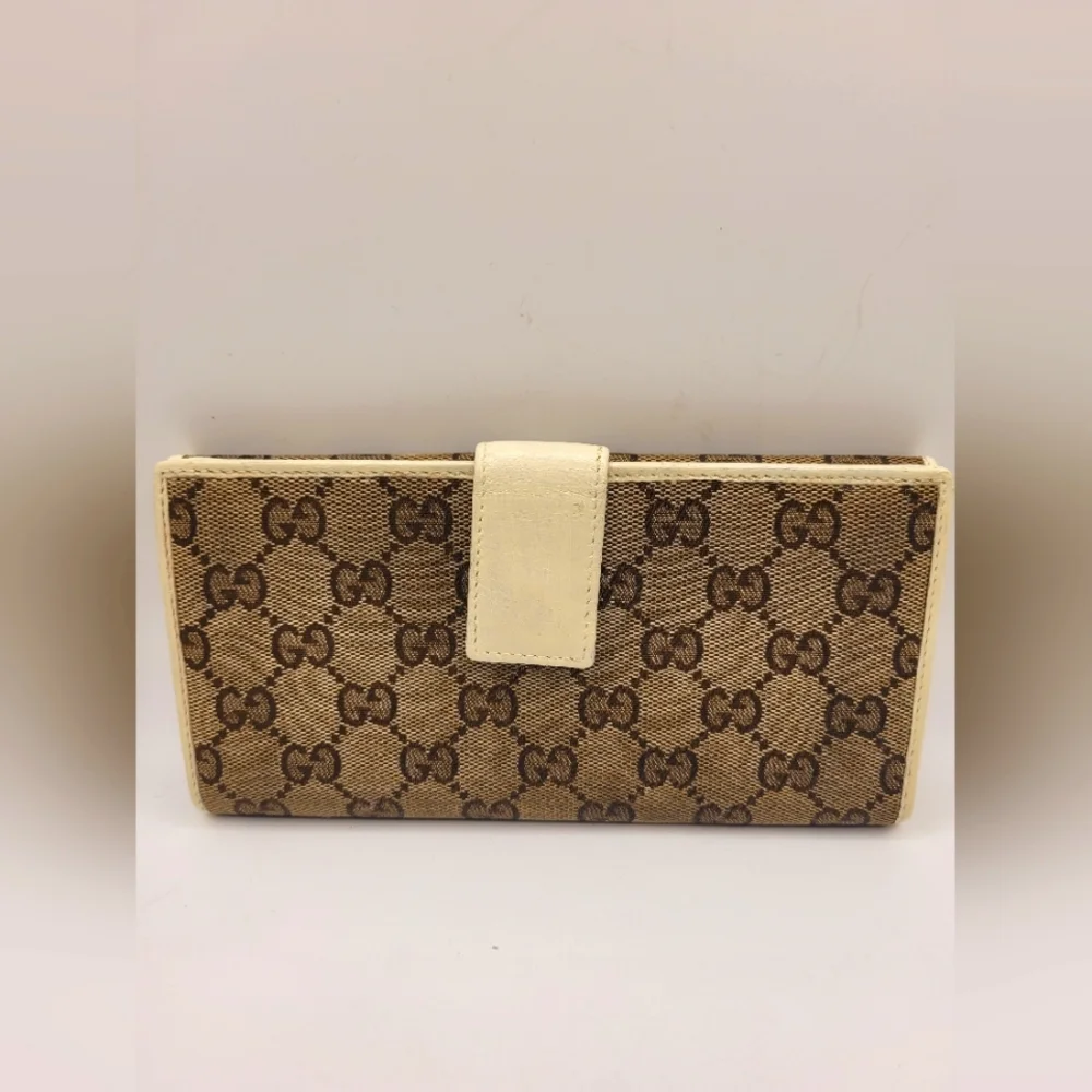 Gucci GG Long Wallet Beige White Gold Canvas Leather Monogram GUCCI Interlocking